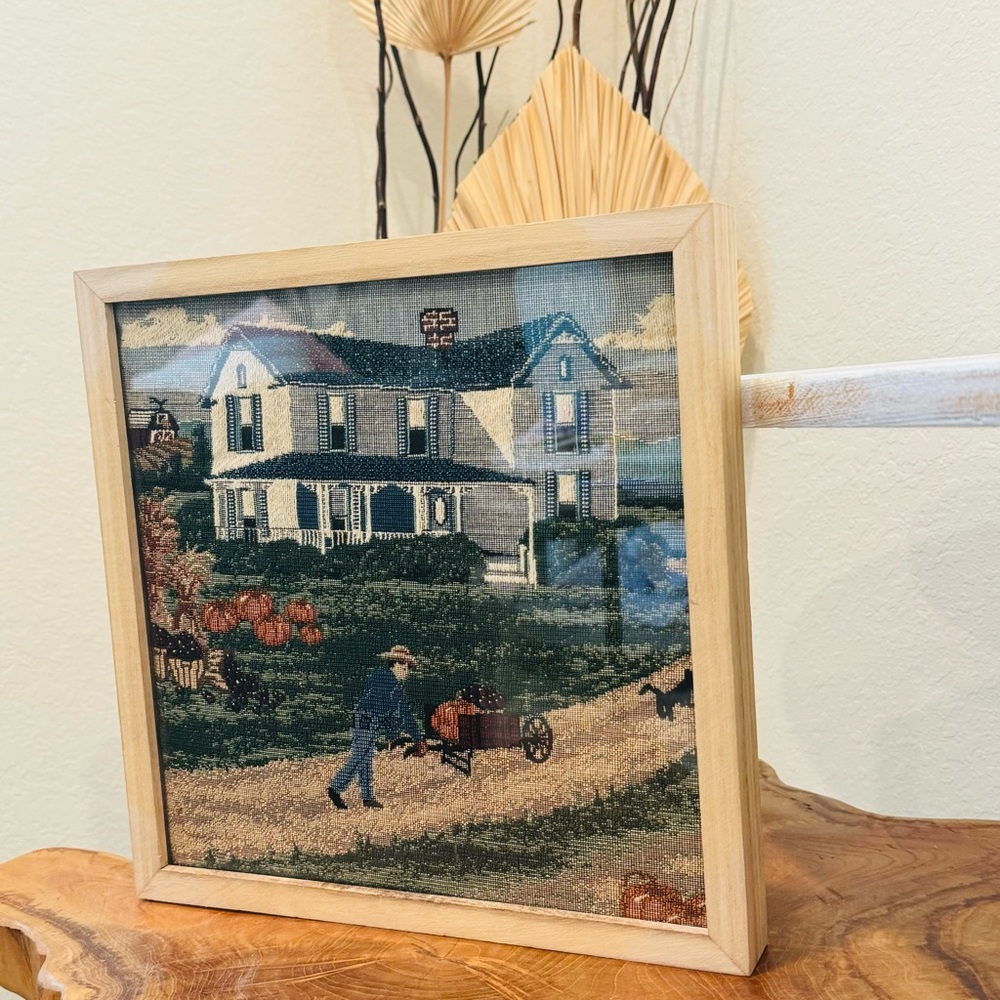 Fall Scene Farmhouse Framed Embroidered Picture